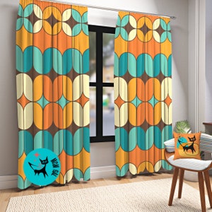 Mid Mod, Geometric, Bold, Beautiful, Orange, Teal, Mustard Yellow, Atomic Living, MCM, Mid Century Modern Living Room, Bedroom Curtains