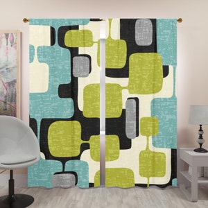 Mid Century Modern Home Décor, Abstract, Gray, Black, Lime Green, Teal, Blackout Livingroom, Bedroom California Modern Retro Curtains W...