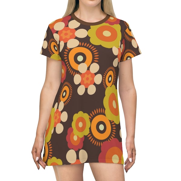 1970's Disco Party Dress, Mod Daisy, Brown, Orange, Green, Groovy, Hippie Chick T-Shirt Dress