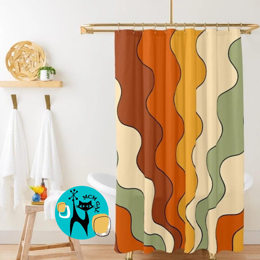 Retro Shower Curtain, 70's Groovy Wave Hipster, Orange, Green, Yellow