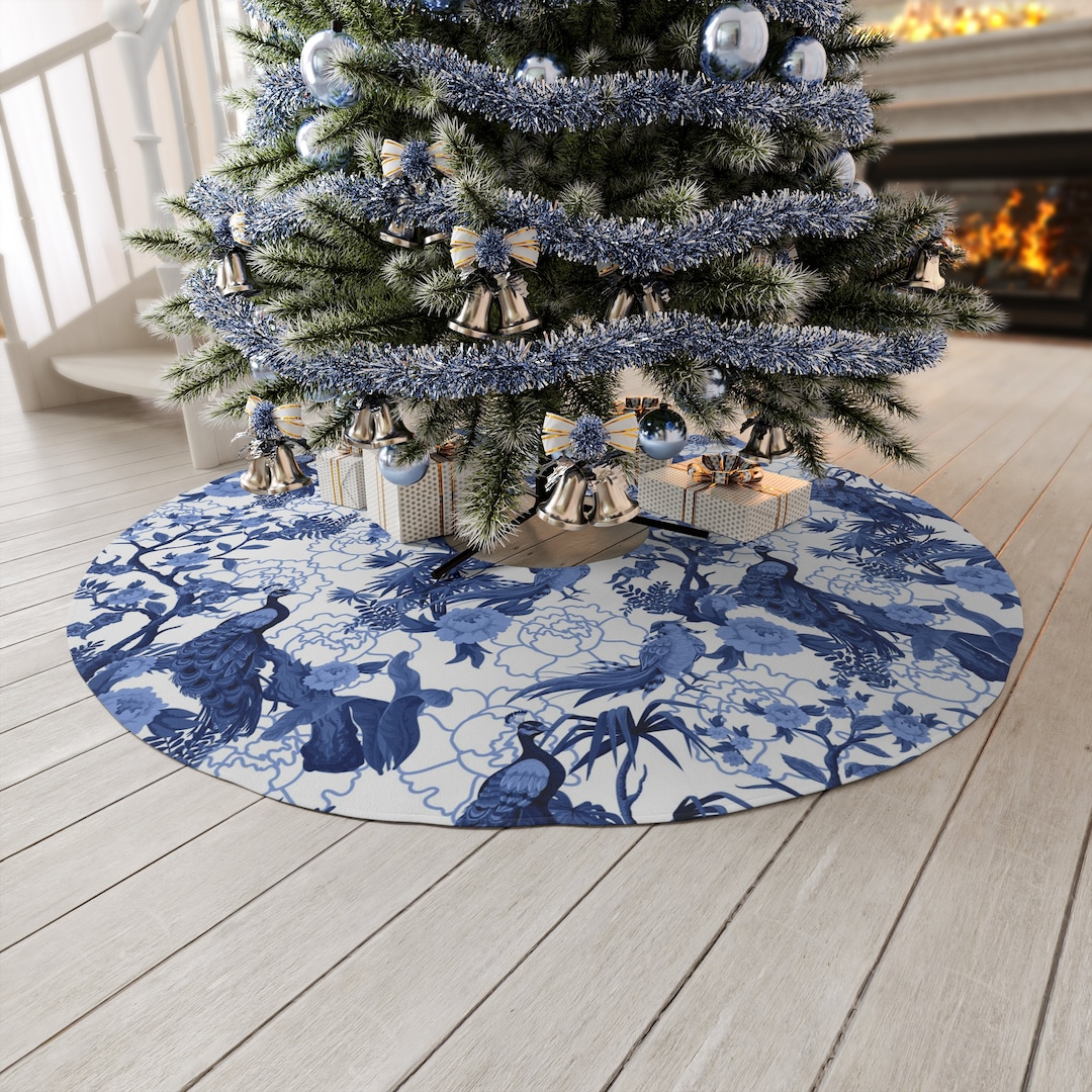 Chinoiserie Christmas Tree Skirt, Blue, White Willow, Peacock, Floral