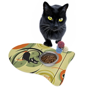 Cat Feeding Mat, Mid Mod Green, Orange Mid Century Modern Design Retro Pet Feeding Mats