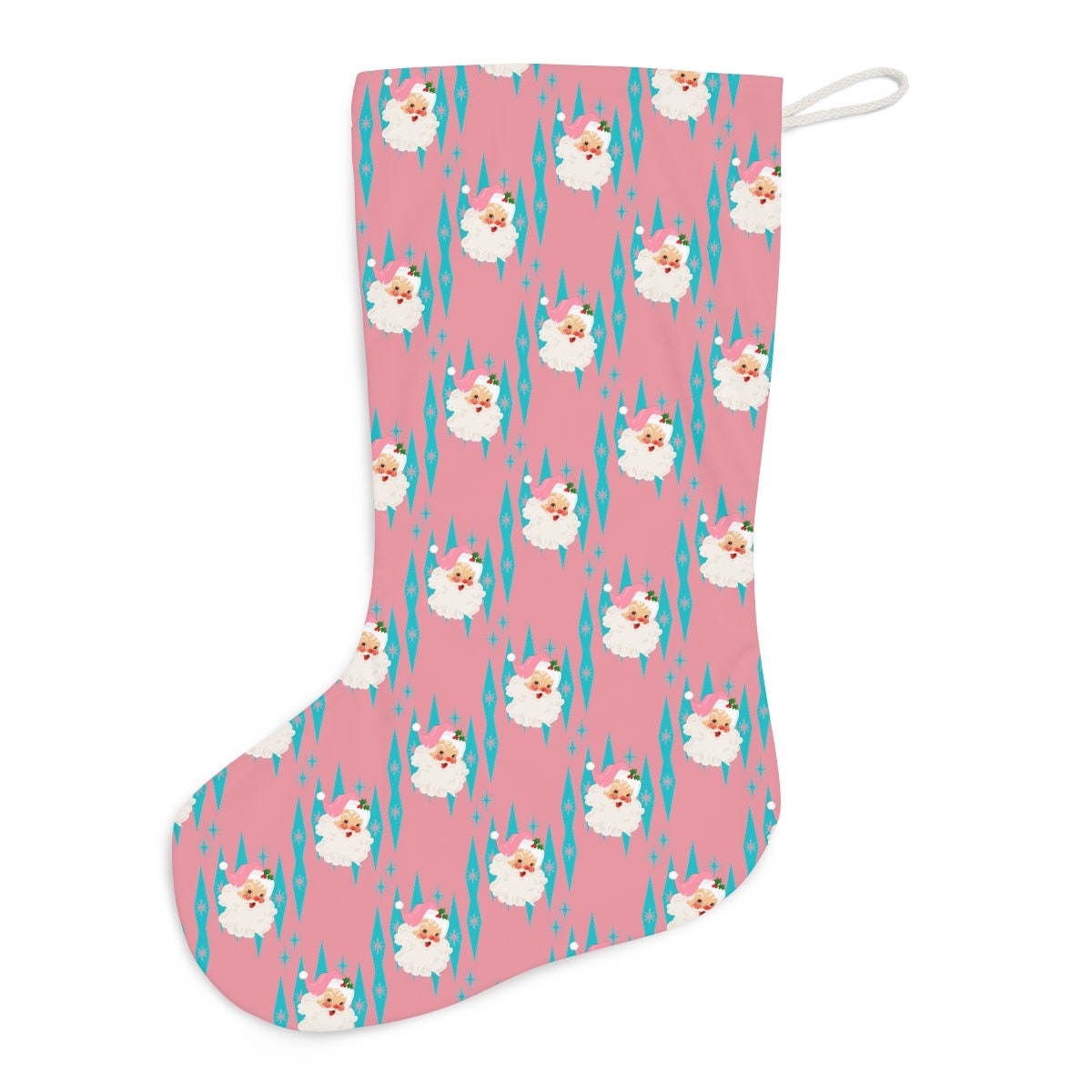 Mid Century Modern Christmas Stocking, Retro Pink, Smiling Vintage