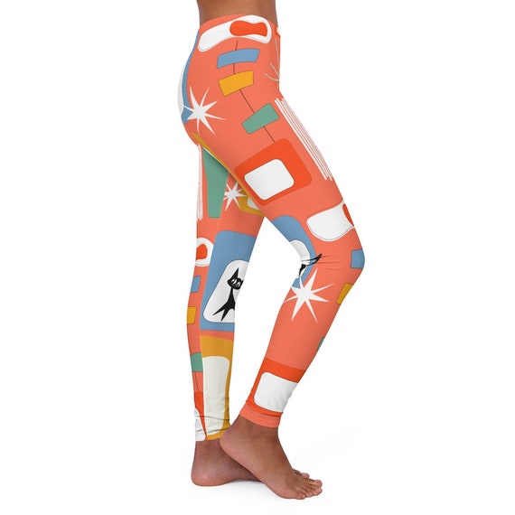 Atomic Cat Designs, Leggings for Women, Retro Atomic Age, Mid Mod Cat,  Geometric, Tangerine Orange, Blue, White, Funky Women's Yoga Pants 