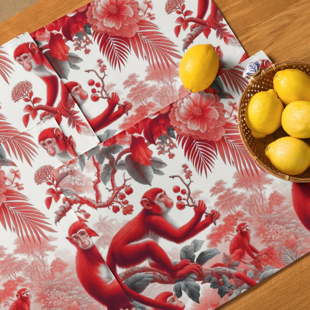 Red Chinoiserie Jungle Print Placemats in Botanicals, Monkeys Asian