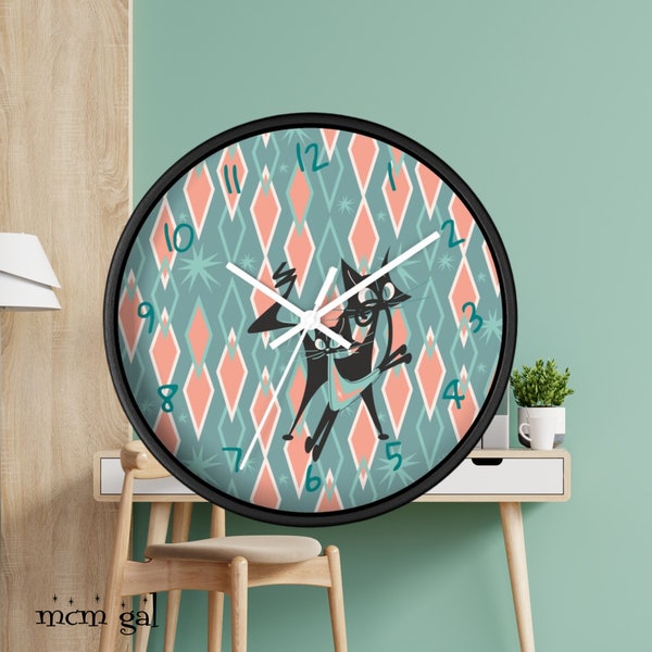 Retro Kitchen Wall Clock For Atomic Cat Black Cat Lovers, Mid Century Modern Designed, Teal, Pink Harlequin Diamond Designed MCM Clock