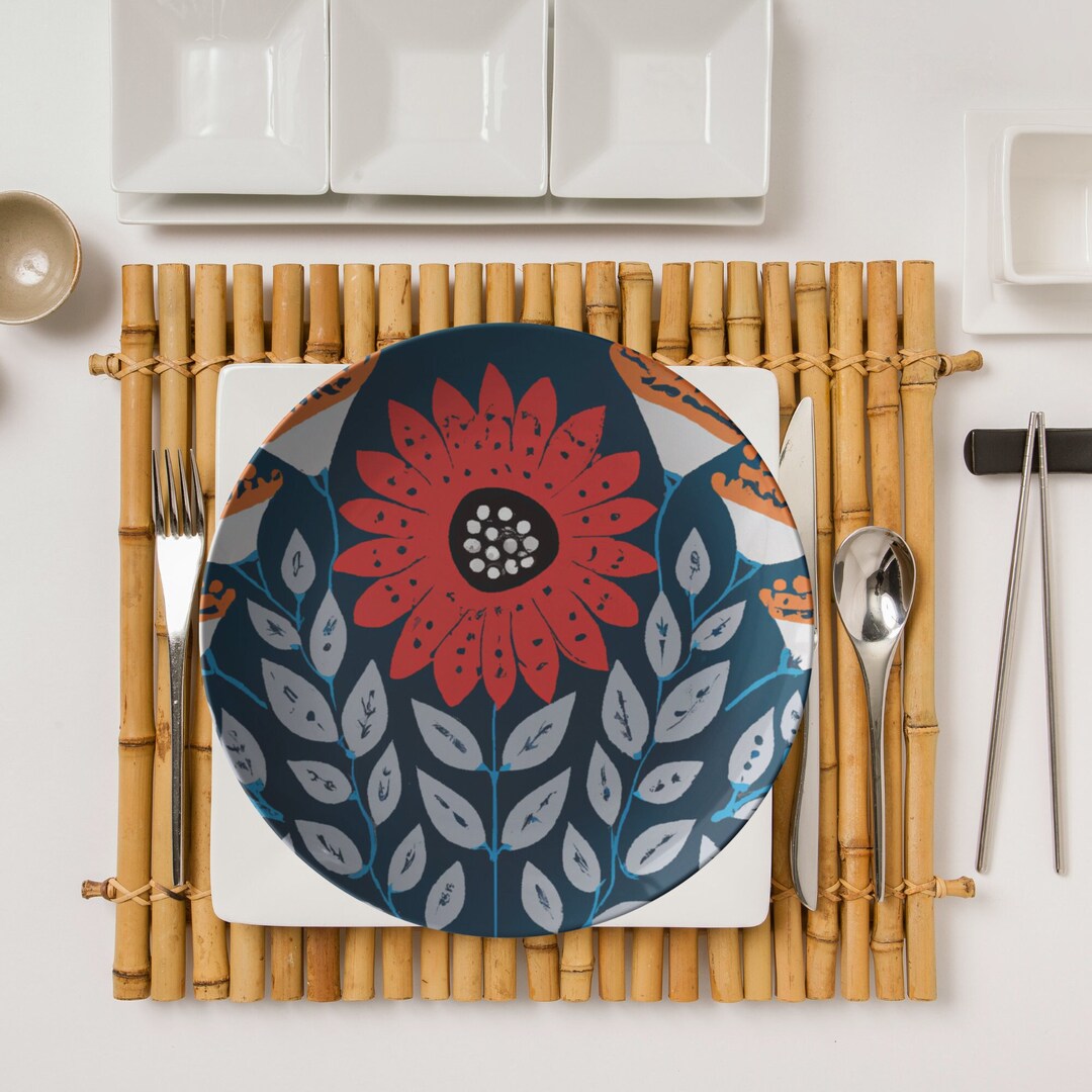 Scandinavian Dinnerware, Folk Art Dishes, Blue, Red, Floral, Nordic