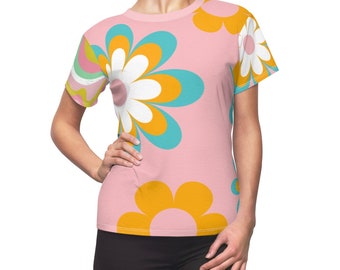 Flower Power Groovy 70's Eclectic Mod Daisy, Liquid Swirl Pattern Pink, Turquoise, Yellow Women's Tee