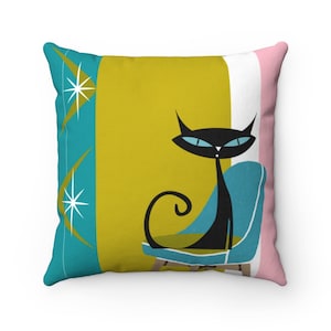 Atomic Cat Pink, Green, Teal Blue, Retro Mid Century Modern Pillow COVER