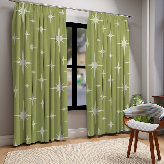 Mid Century Modern Curtain Atomic Starburst Green White Retro