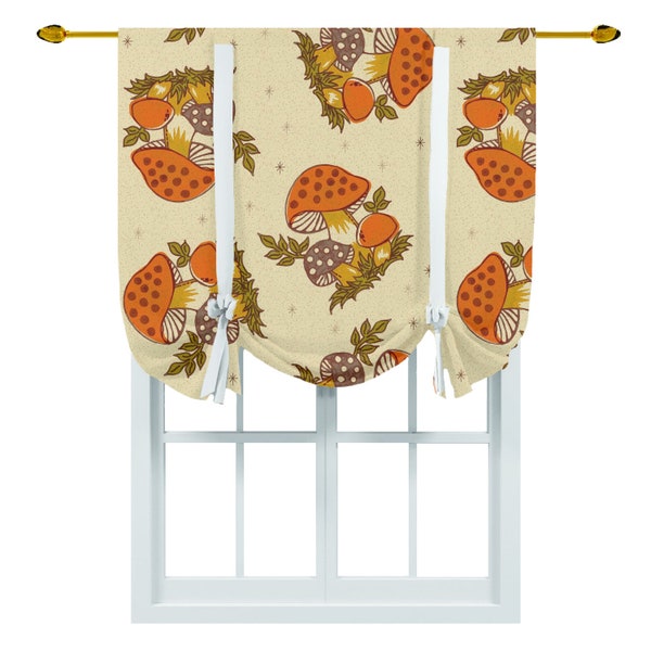 1970s Mushroom Kitchen Valance, Brown, Orange, Beige, Groovy 1970s Kitchen Tie Up curtain