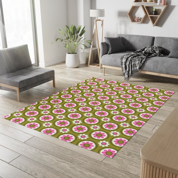 Retro Rugs Groovy Hipster Flower Power Pink Green Modern Daisy