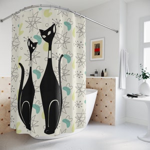 Art atomique de chat, rideau de douche moderne du milieu du siècle, boomerang atomique beige, étoile franciscaine, décor de salle de bain rétro bleu sarcelle