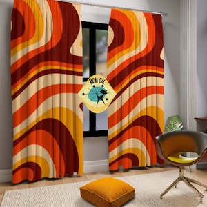 1960's 70's Trippy Hippie, Groovy, Eggplant Brown, Burnt Orange, Yellow Cyclone,  Retro Window Curtains (1 Piece)