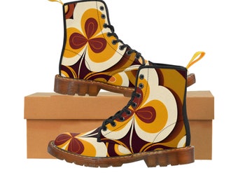 70's Retro Apparel, Hipster Boots, Fall Boots, Mid Mod Daisy Brown, Golden Yellow Funky Hippie Style Women's Canvas Boots