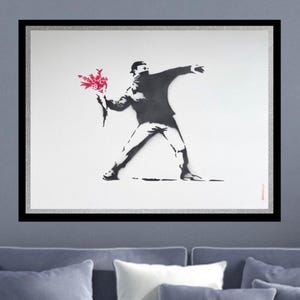 Full sized BANKSY &quot;LOVE Is In The AIR&quot; – Sprayed Paint Art – Black and Red Acrylic – Stamped Banksy- Urban Graffiti Style–Top Image.