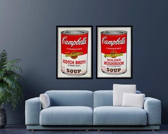 Andy WARHOL- 2- Full Sized- Screenprints &quot;2 CAMPBELL SOUPS- Scotch Broth & Golden Mushroom&quot;- Ships Flat - Guaranteed Beautiful!