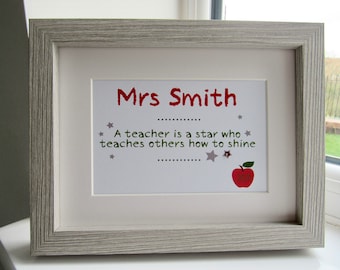 May include: A framed print with a white background and a red apple with the word "2020" on it. The text reads "Mrs. Smith A teacher is a star who teaches others how to shine."
