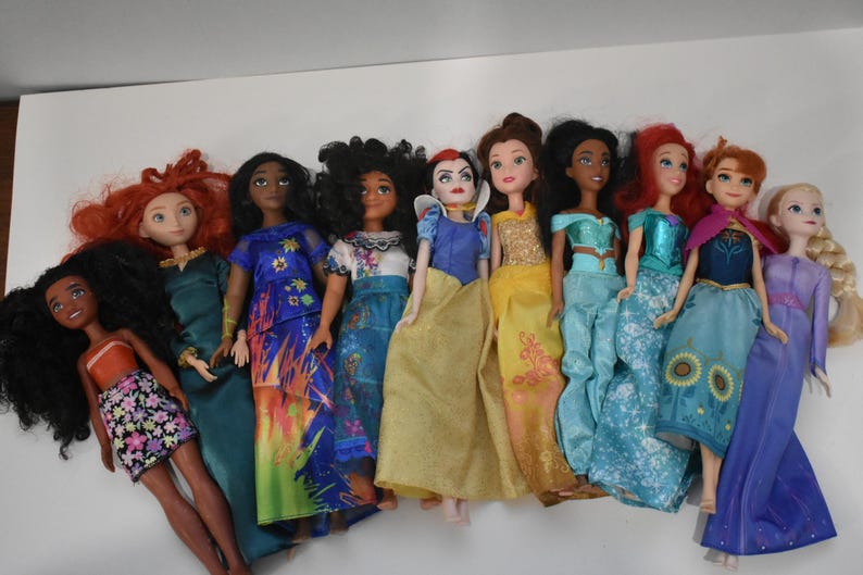 10 Disney Barbie doll assorted lot with play dolls Frozen, Ariel, Encanto, Brave, Moana image 1