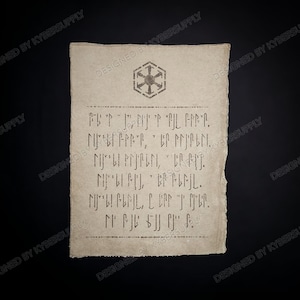 May include: A piece of parchment paper with a black and white symbol of a star inside a hexagon. The paper has text written in a fictional language. The text reads: "PET JON'T AJL PART. MELIPPER, BANNERSUPPLY FIJI FLPIL, LEAN TIME."