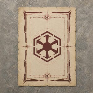 May include: A rectangular piece of aged, tan-coloured paper featuring a dark brown, hexagonal Imperial crest at the centre. The design includes a geometric border with intricate lines and circular motifs, all printed in a deep brown ink.