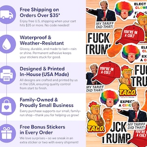 May include: A collection of political stickers with various designs. The stickers feature images of a former president, a red baseball cap with text, and phrases like "FUCK TRUMP" and "ELECT A CLOWN".