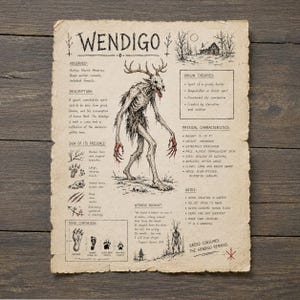May include: A beige, textured paper print titled WENDIGO featuring a central ink illustration of a skeletal, antlered creature. The document includes sections on origin theories, physical characteristics, and witness accounts in black text.
