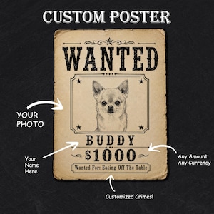 May include: A custom wanted poster featuring a beige, aged paper texture with black text and graphics. The poster displays the word WANTED, a central illustration of a chihuahua, the name BUDDY, the amount $1000, and Wanted For: Eating Off The Table.