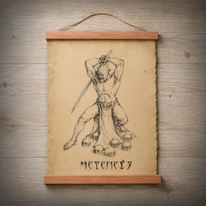 May include: A wall hanging featuring a tan parchment-style print with a black ink illustration of a muscular, horned creature kneeling while holding a sword above its head, surrounded by skulls, with stylized text at the bottom and wooden rails.