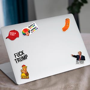 May include: A laptop covered in political stickers. Stickers include a red baseball cap with "YOU'RE IN A CULT", a clown with "ELECT A CLOWN EXPECT A CIRCUS", and a cartoon of Trump as a Cheeto. Other stickers say "FUCK TRUMP" and "MY TARIFF DID THAT!"