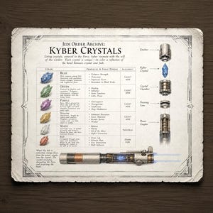 May include: A rectangular informational print titled Jedi Order Archive: Kyber Crystals. It features a table listing crystal colors, properties, and alignments, alongside a technical diagram of a lightsaber hilt with labeled components.