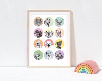 Dog Collage Art Print, A4, Dog Breeds, Drawing, Unframed, Home Decor, Wall Art, Illustration