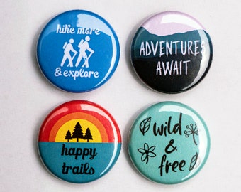 Hiking Buttons - Hiking & Outdoors Pinback Buttons - Adventure Pin - Outdoors Pinback Button - Backpack Pins - Gift for Hiker - Set of 4