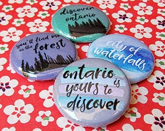 Ontario Hiking Buttons - Adventure & Outdoors Pinback Buttons - Adventure Pin - Outdoors Button - Backpack Pins - Gift for Hiker - Set of 4