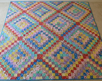 Trip Around The World twin or full size Quilt Handmade, patchwork finished quilt, floral, blue yellow white red pink green purple geometric