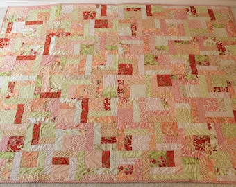 Handmade, patchwork finished quilt for sale, bed, lap, or throw  quilt, floral, orange crimson peach cream beige yellow green summer, autumn