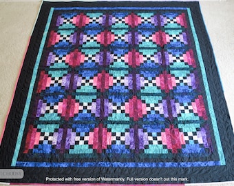 Handmade, patchwork finished quilt for sale, bed, lap, or throw  quilt, vivid colors, black blue yellow orange crimson green , 63.5"X 67.5"