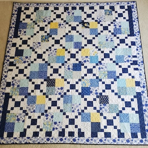 Handmade, patchwork finished quilt for sale, bed, twin bed quilt, vintage floral Blue White Yellow 100% cotton fabric, 72&quot; X 81&quot;