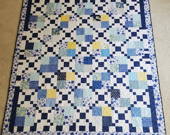 Handmade, patchwork finished quilt for sale, bed, twin bed quilt, vintage floral Blue White Yellow 100% cotton fabric, 72" X 81"
