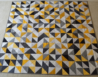 Handmade, patchwork finished quilt for sale, bed, lap, picnic, daybed or throw  quilt, solid colors, grey yellow white black graphite nickel