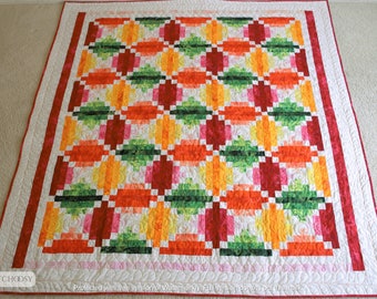 Handmade, patchwork finished quilt for sale, bed, lap, or throw  quilt, Bright colors, white yellow orange crimson green lime, 65"X 73.5"