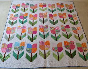 Finished large twin or full bed Quilt Handmade Colorful Geometric Tulip Flower design blue yellow orange white purple green spring summer