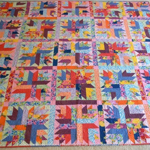 Finished bed Art Quilt Queen Size Handmade Colorful Geometric Floral double blue yellow orange white purple green cottage chic spring summer