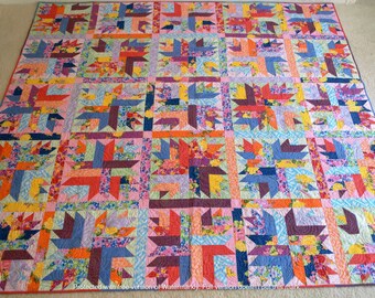 Finished bed Art Quilt Queen Size Handmade Colorful Geometric Floral double blue yellow orange white purple green cottage chic spring summer