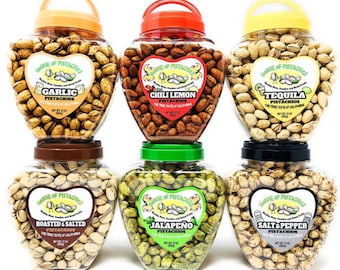 Flavored Pistachio Jars -Chili Lemon, Jalapeno, Tequila, Garlic... Salt & Pepper, Salted - Family Recipe - California Grown