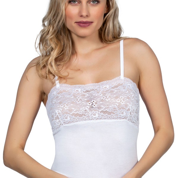 100% Mako Cotton Women's Floral Full Lace Camisole. Made in Italy. S-XL. Slim Fit. Seamless. Perfect for Layering/Lounge Wear.