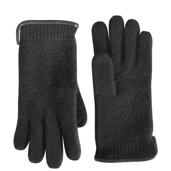 100% Virgin Wool Black Gloves with Leather Wrist Trim. UNISEX. Winter Essentials. Warm and Soft. Classic Fit.