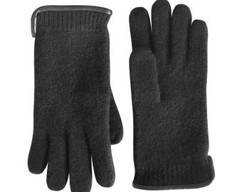 100% Virgin Wool Black Gloves with Leather Wrist Trim. UNISEX. Winter Essentials. Warm and Soft. Classic Fit.