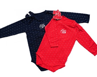 100% COTTON Baby Long-sleeved Bodysuit. Made in Norway. Ages 4 Months through 2 Years. Cute Polka Dot Body with Chick Design. Red and Navy.