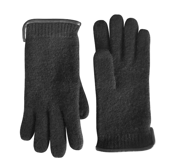 100% Schurwolle schwarze Handschuhe mit Leder Wrist Trim. UNISEX.  Winter-Essoires. Warm und weich. Klassische Passform. - Etsy Schweiz